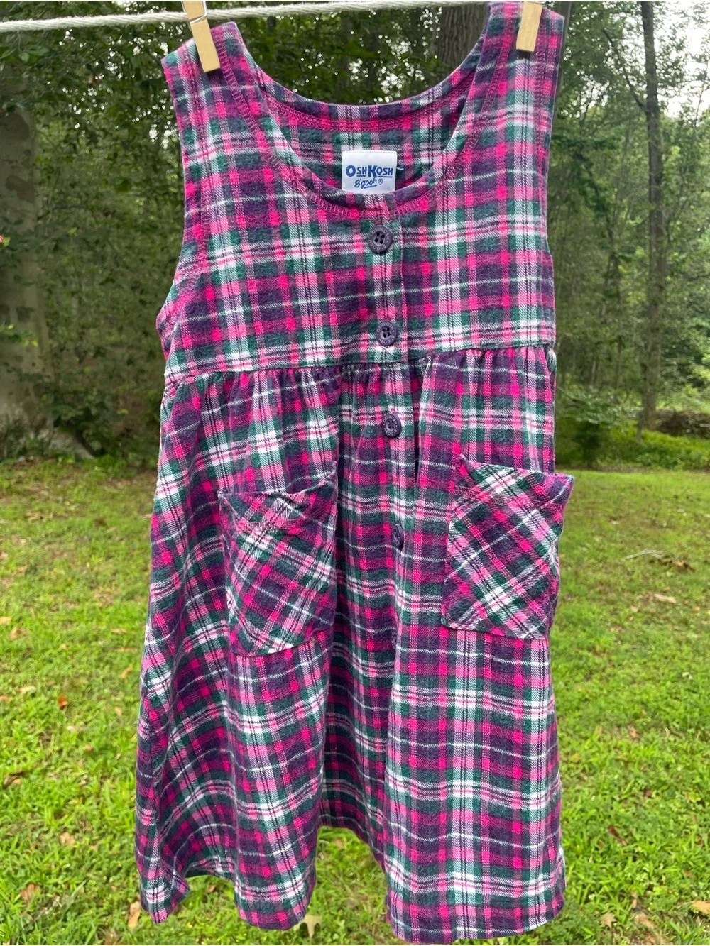 OshKosh B'gosh (VTG Early 2000’s) Pink Green Plaid 100% Cotton Button Dress